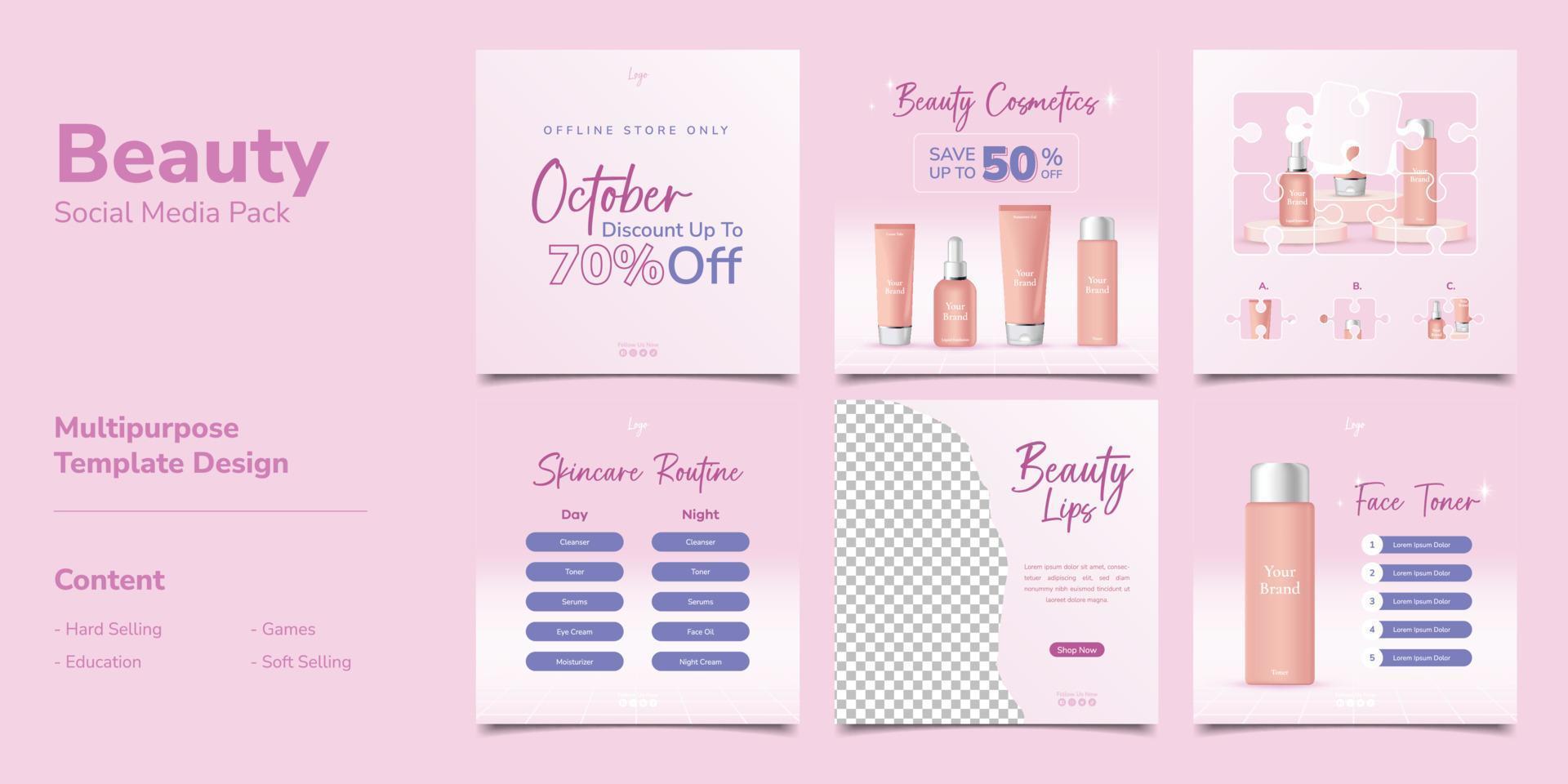 Cosmetic Social Media Post Template Bundle Banner Set vector