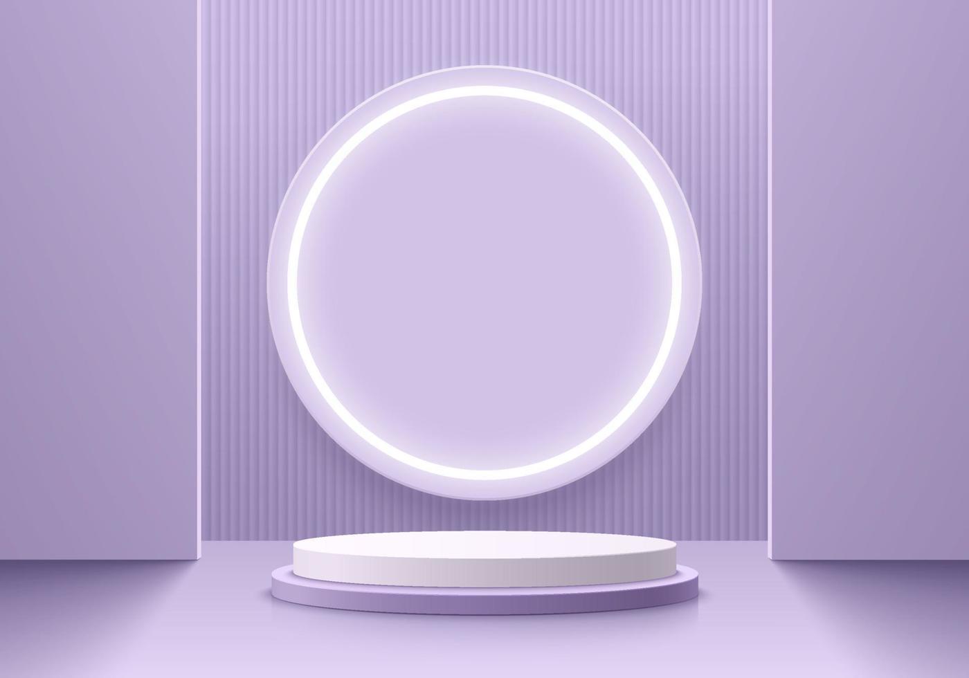 Realistic purple and white 3D cylinder pedestal podium with glowing neon round circle background. Abstract minimal scene for products stage showcase, promotion display. Vector pastel geometric forms.