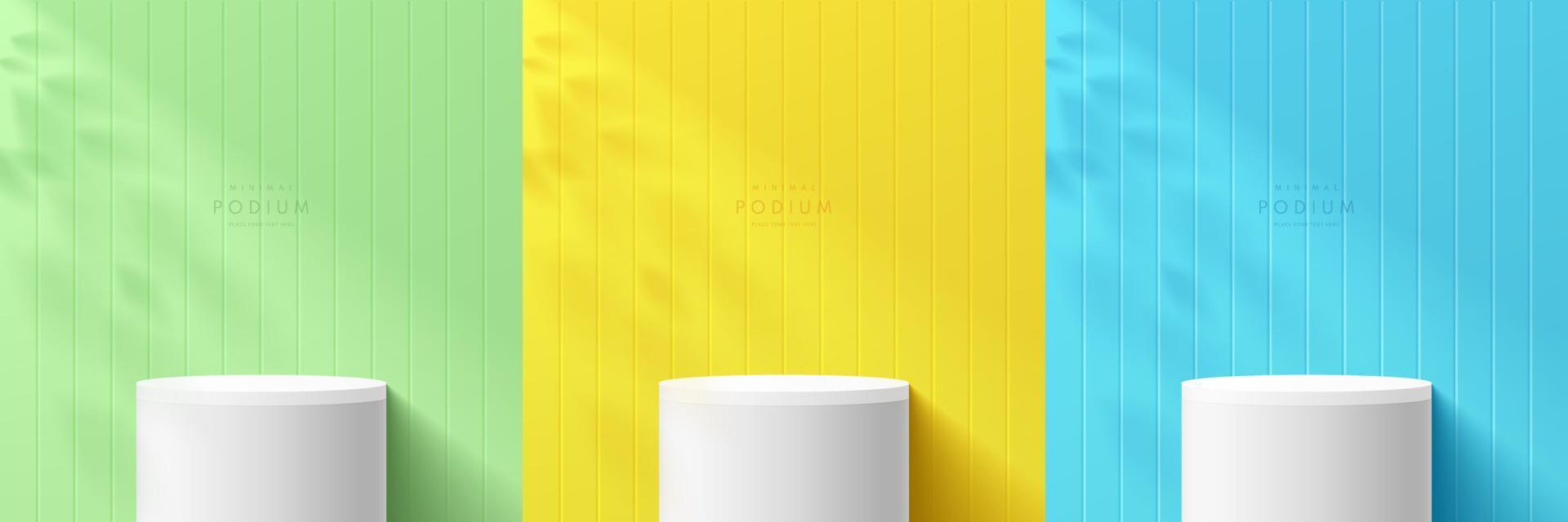 Set of realistic white 3d cylinder podium on pastel yellow, blue, green scene with leaf shadow overlay. Abstract minimal scene for mockup products display, Stage for showcase. Vector geometric forms.