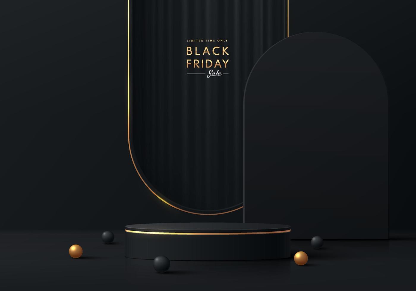 Realistic black, golden 3D cylinder pedestal podium with black curtain on window arch shape background. Black friday sale, Vector abstract minimal scene for products stage showcase, Promotion display.