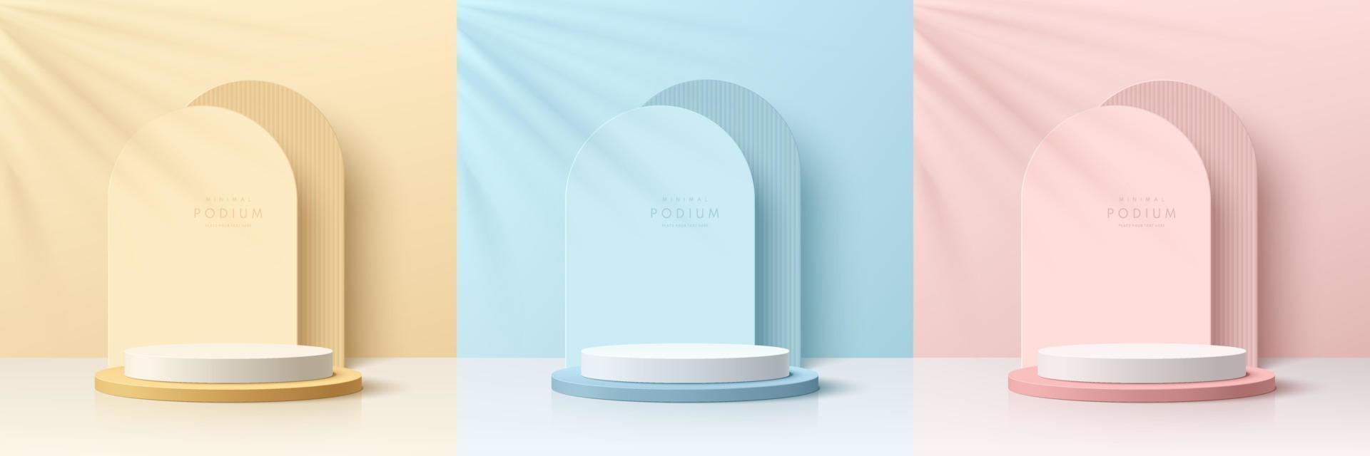 Set of pink, yellow, blue, white realistic 3d cylinder pedestal podium with arch shape background. Abstract minimal scene for products showcase, Promotion display. Round stage. Vector geometric forms.