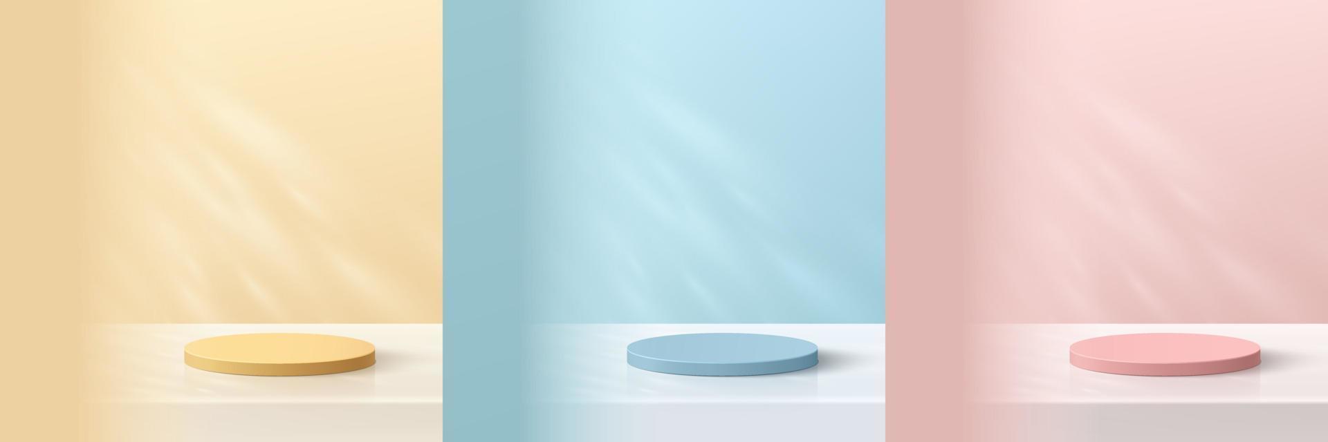 conjunto de podio de pedestal de cilindro 3d realista en fondo de escena amarillo, azul, rosa con luz y sombra. exhibición de productos de maqueta de escena de pared mínima abstracta, escaparate de escenario. formas geométricas vectoriales. vector