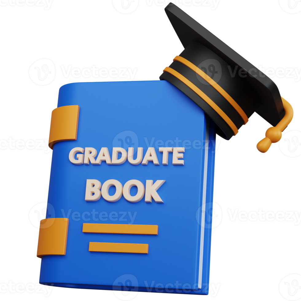 3d rendering graduate book with graduation cap isolated png