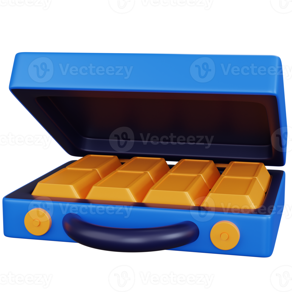 3d rendering open blue suitcase with some gold isolated png