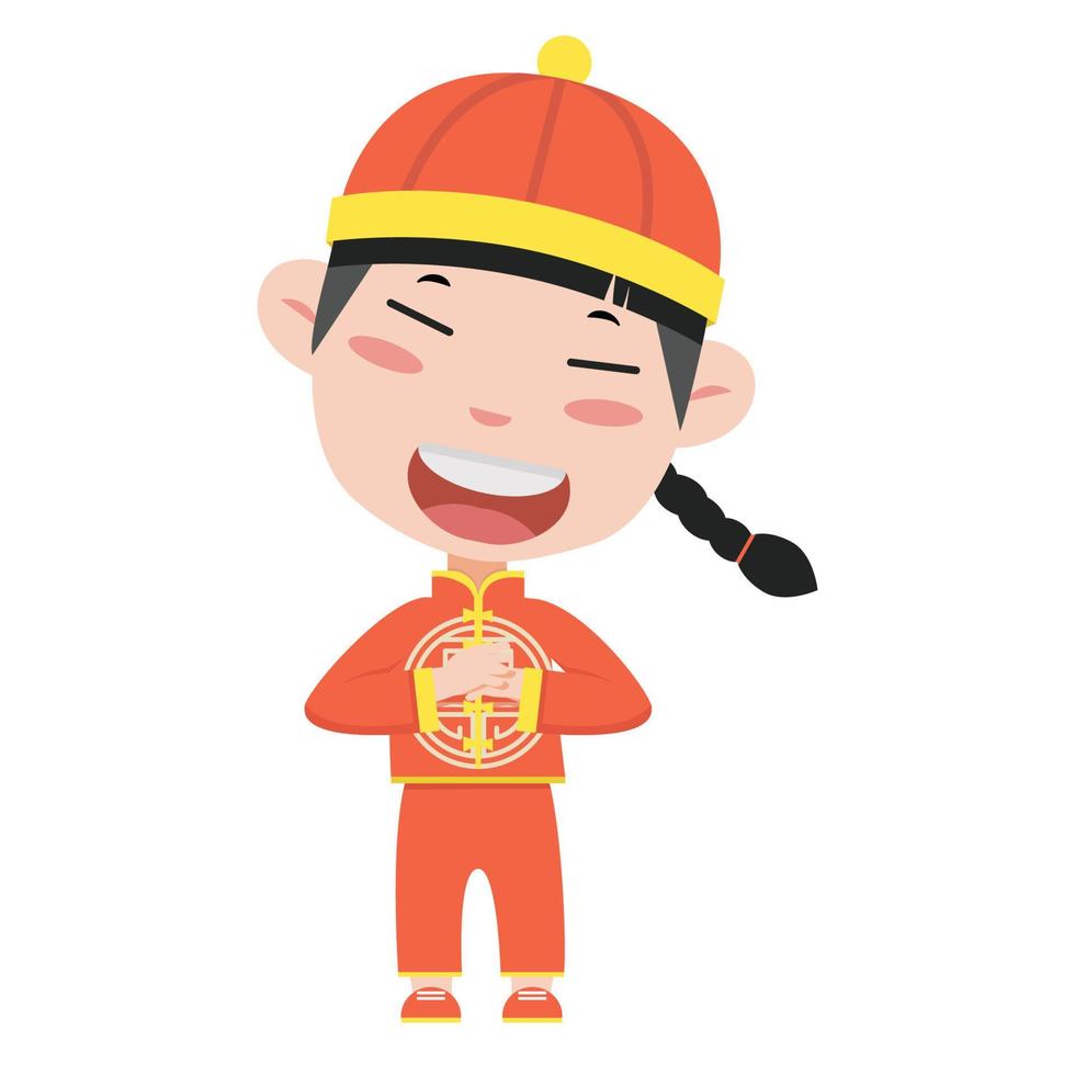 Chinese cute boy cartoon greeting pose vector