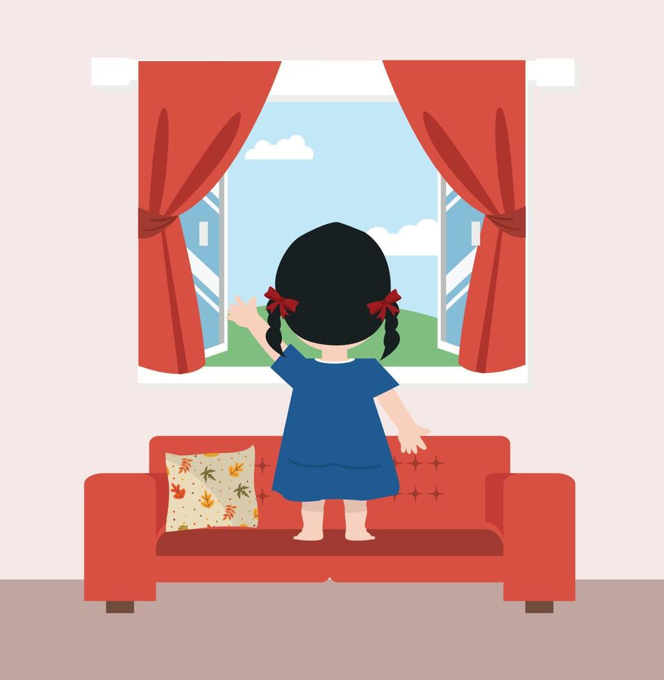 child girl standing back on couch view the window vector
