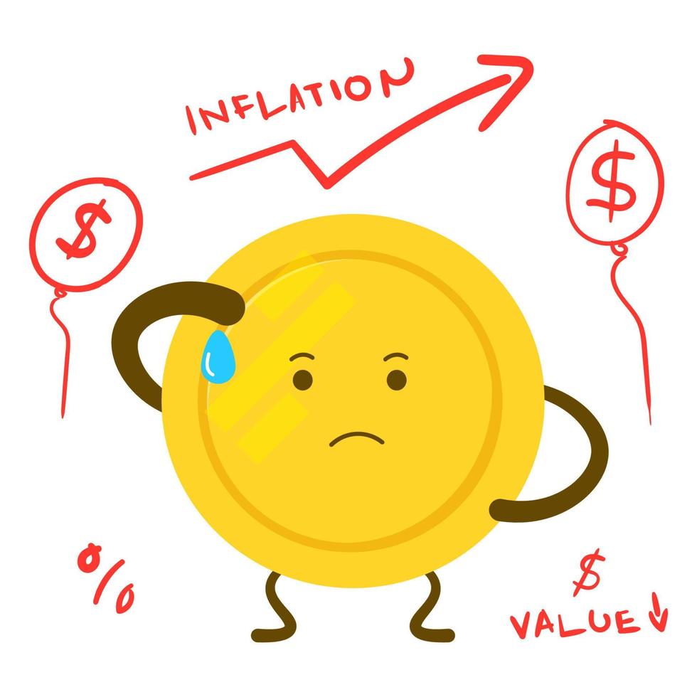 tired coin illustration with rising inflation chart with handwritten text and graphics vector