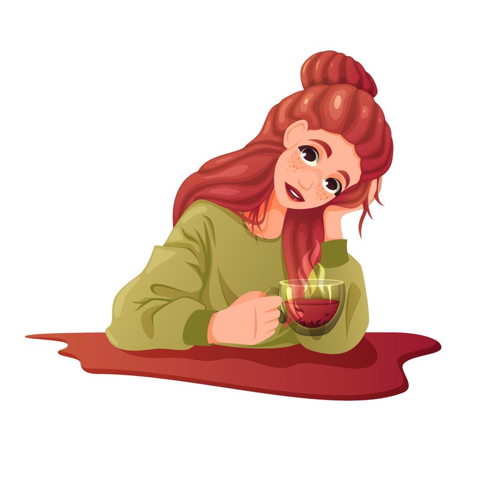 chica de dibujos animados con una taza de té. vector