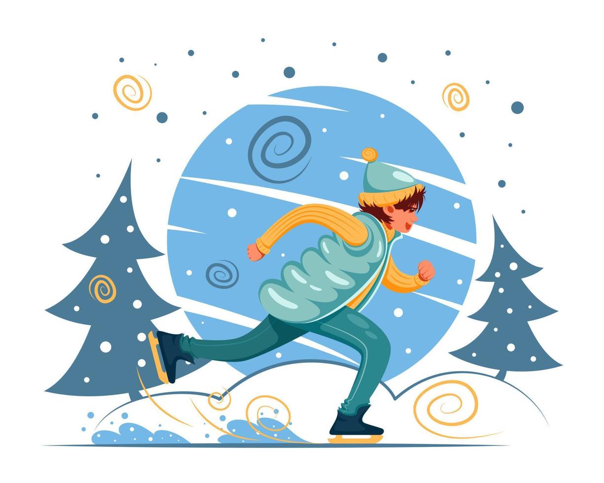 Boy is skating. Winter skating rink. vector