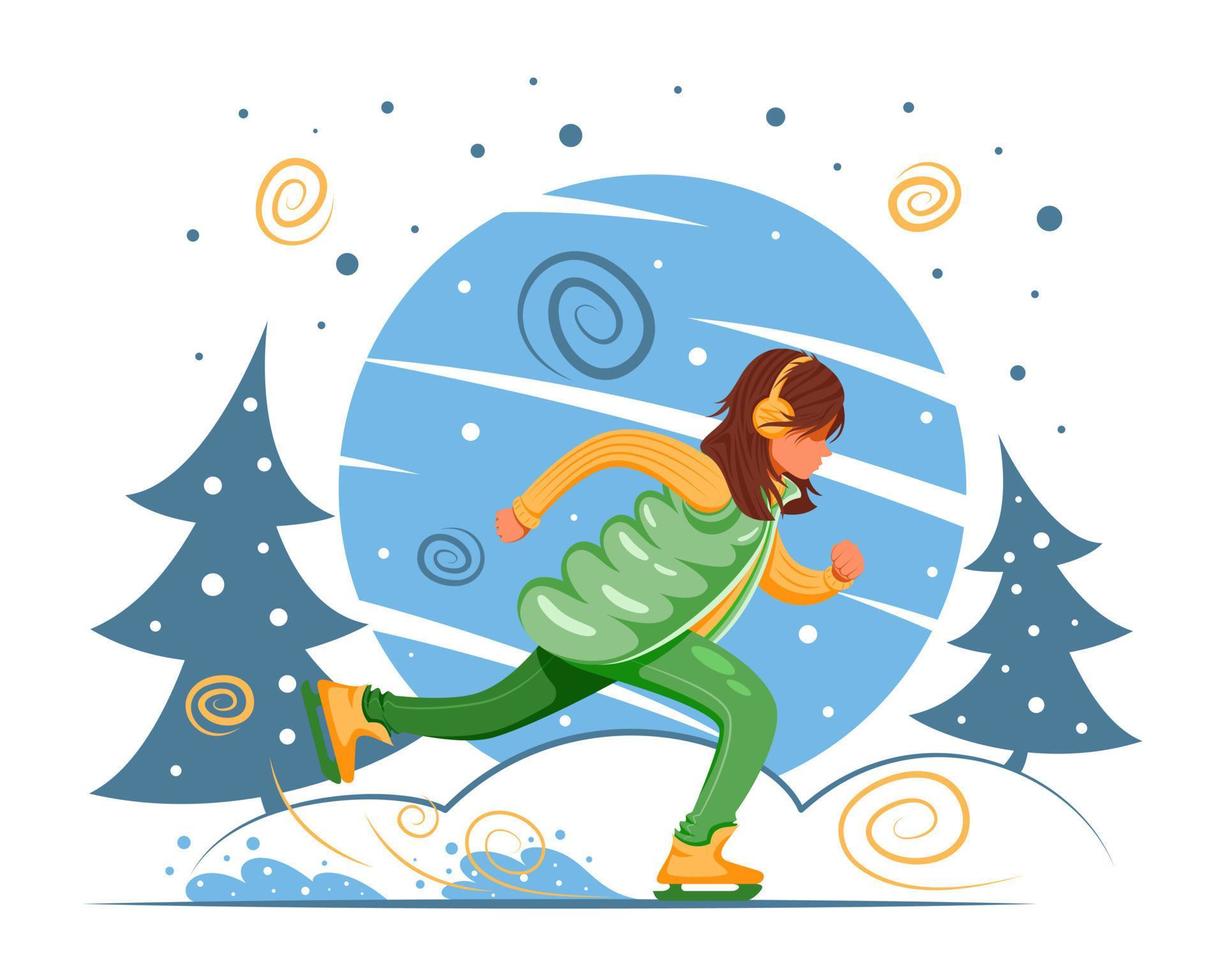 Girl is skating. Winter skating rink. vector