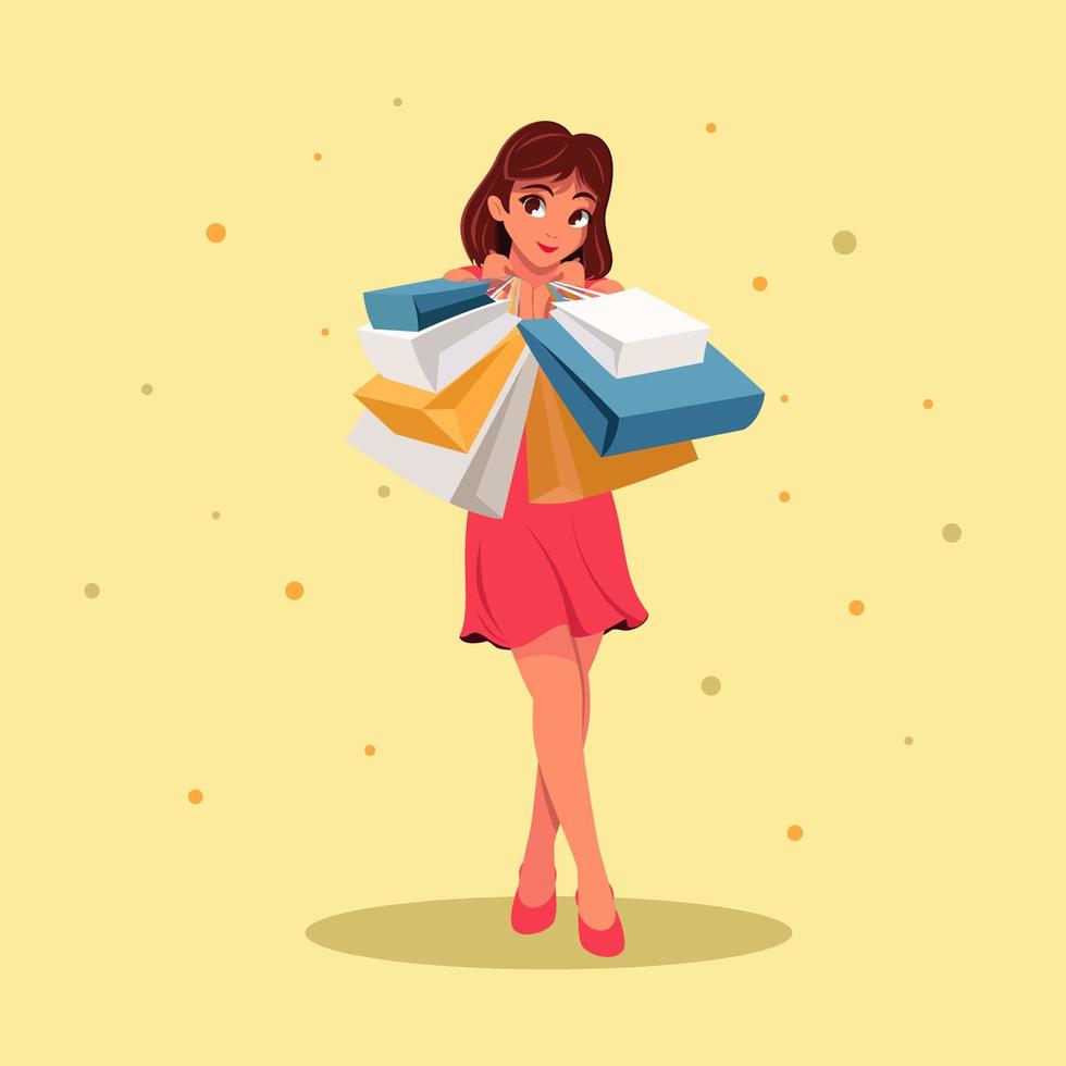 mujer con bolsas feliz después de ir de compras. vector