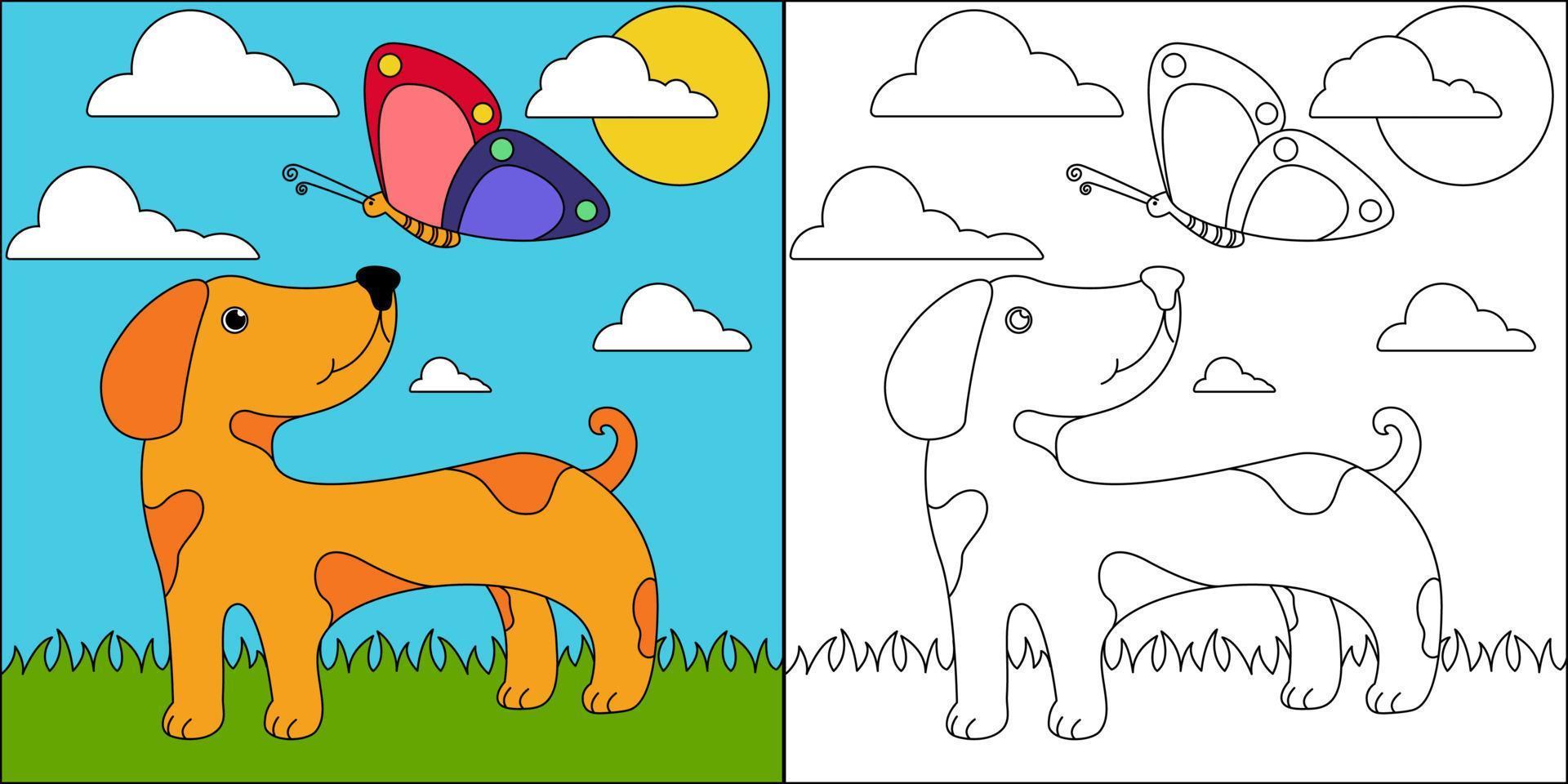 perro y mariposa adecuado para la ilustración de vector de página de color de los niños