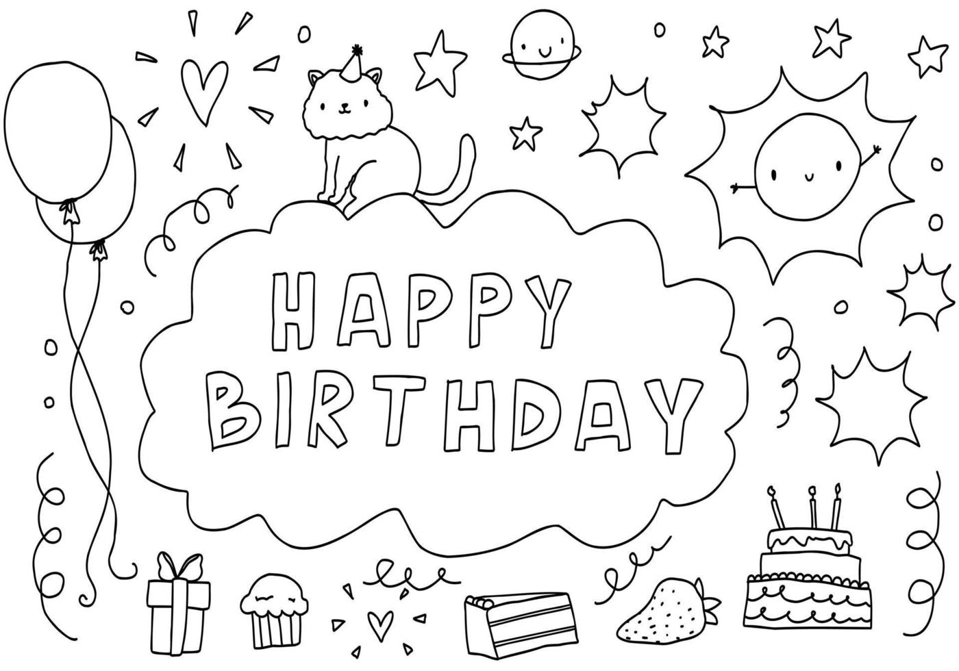 Doodle happy birthday line. Sketch set cute isolated line collection for kids, scribble coloring book. vector