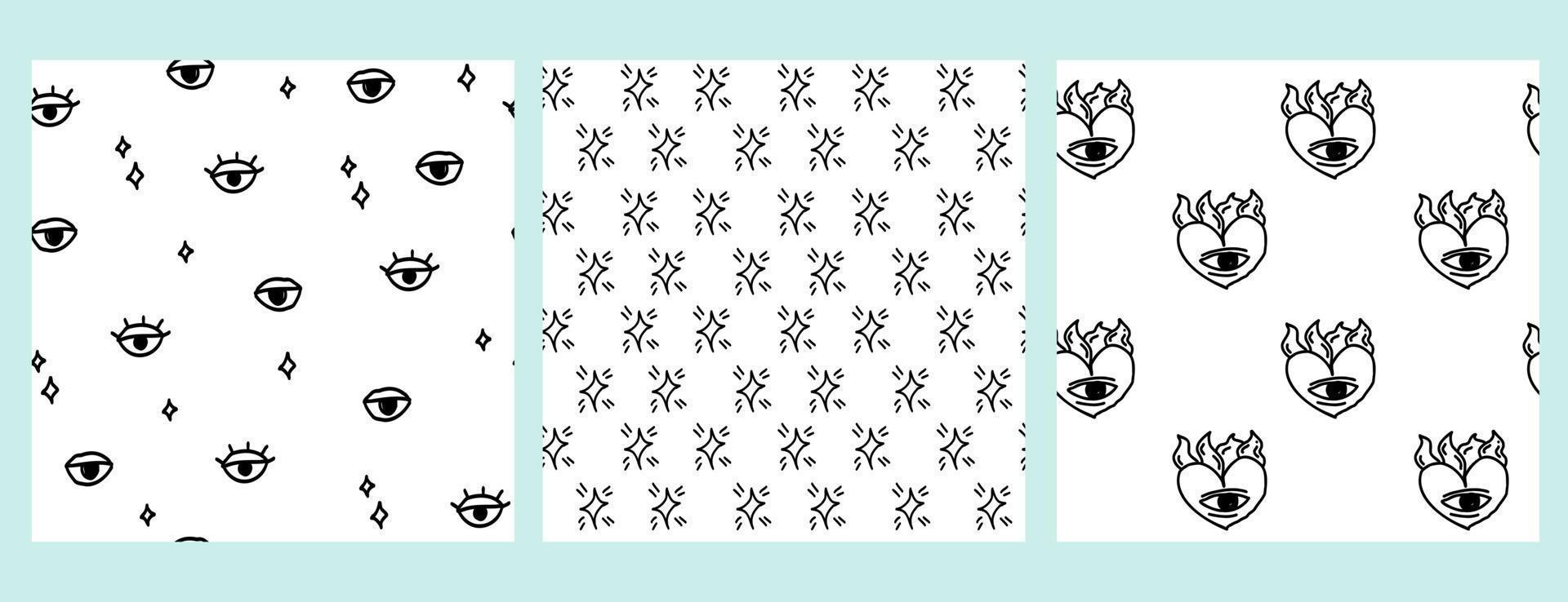 Hand drawn eyes, hearts seamless modern patterns set. Cute vector collection black and white doodle for paper, Scandinavian fabric, book, kitchen, children.