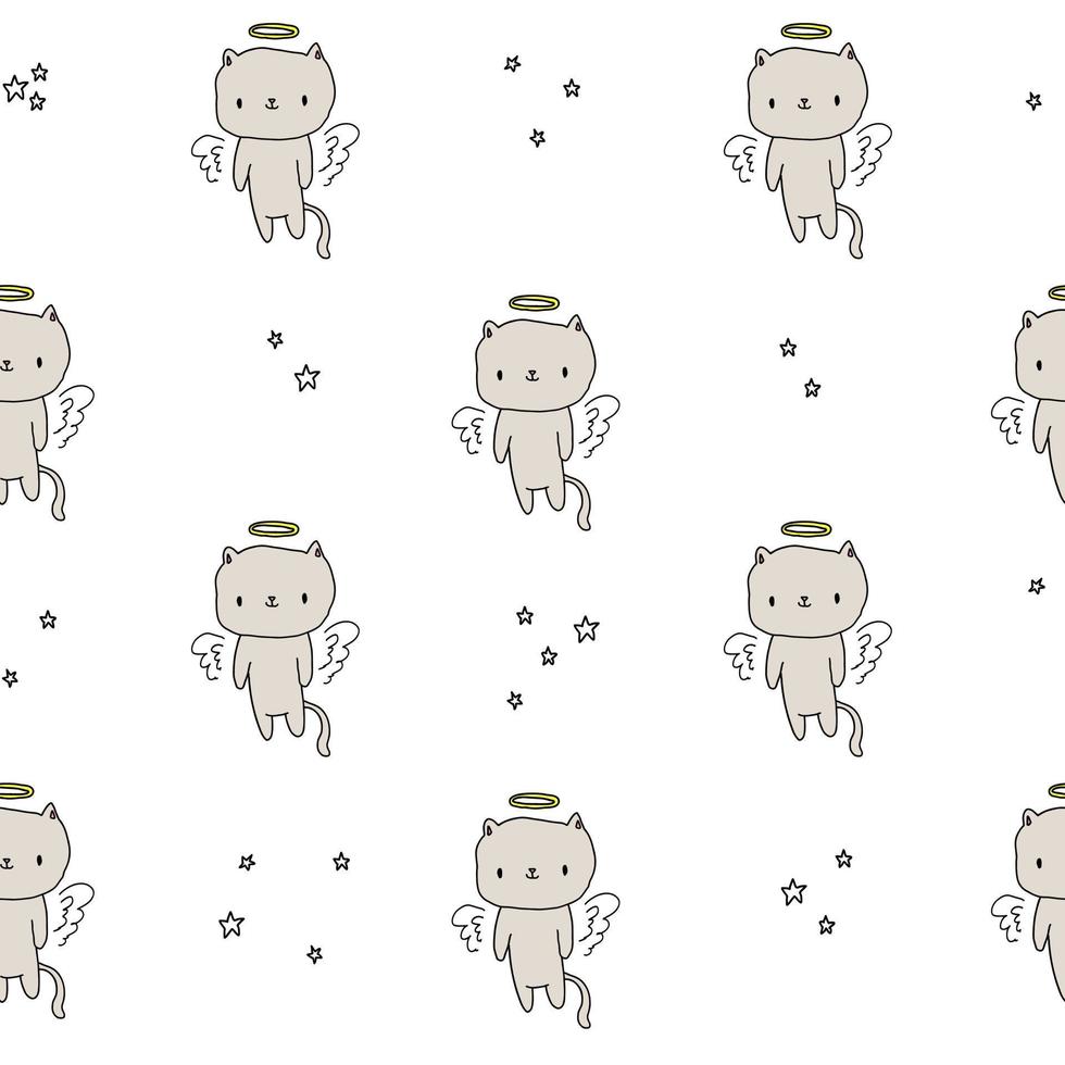 Cute white pattern with stars and angel cat. Pet seamless background. Textiles for children Digital paper scrapbook. vector