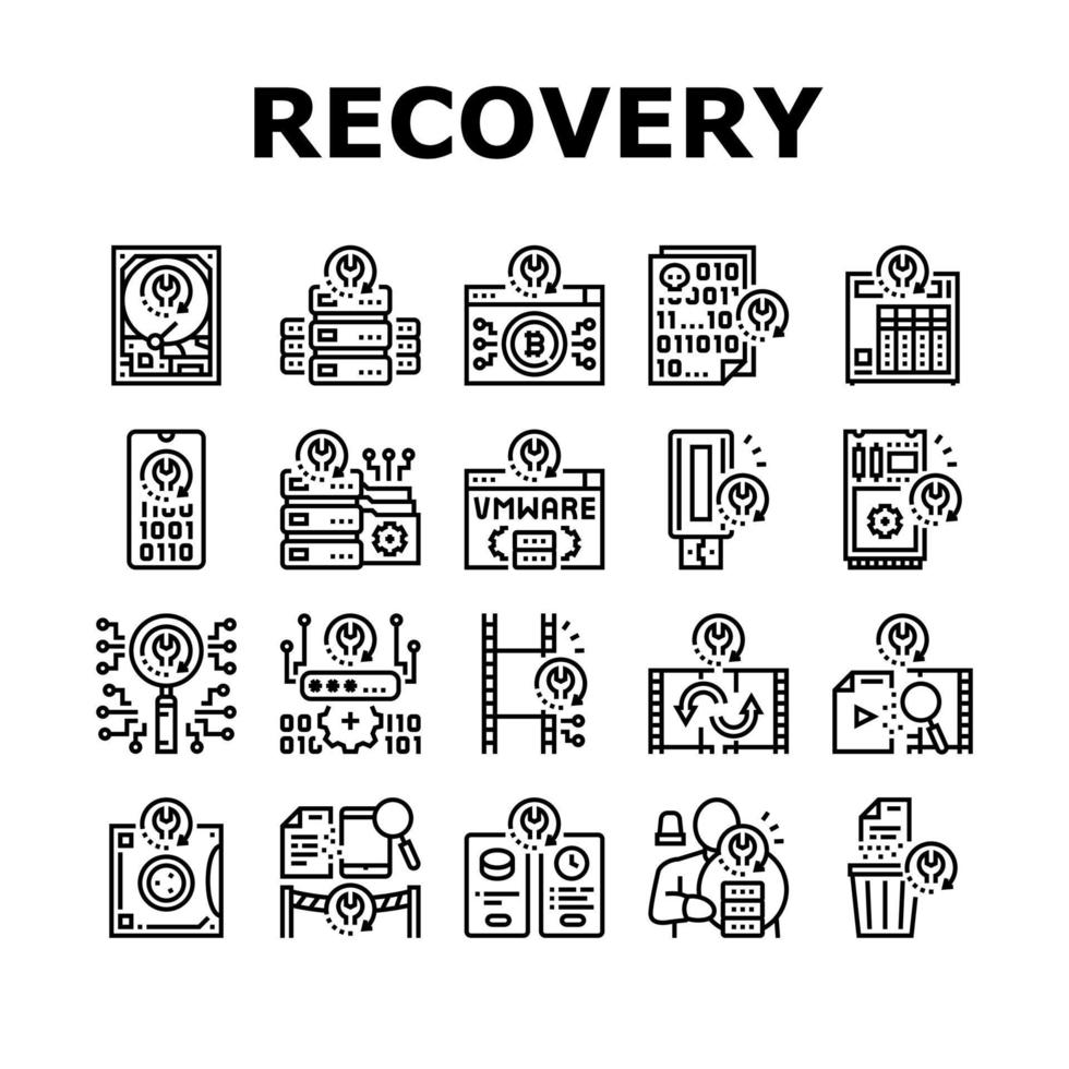 Data Recovery Computer Processing Icons Set Vector