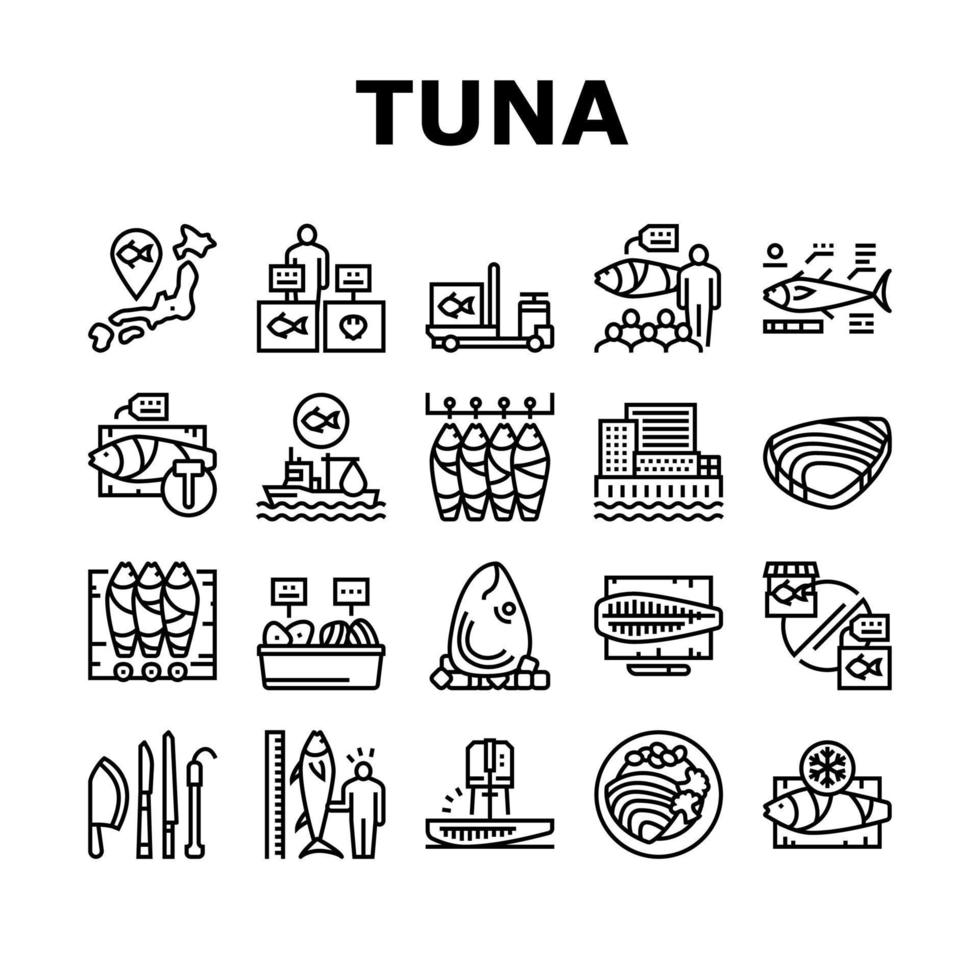 conjunto de iconos de colección de mercado de tsukiji de subasta de atún vector