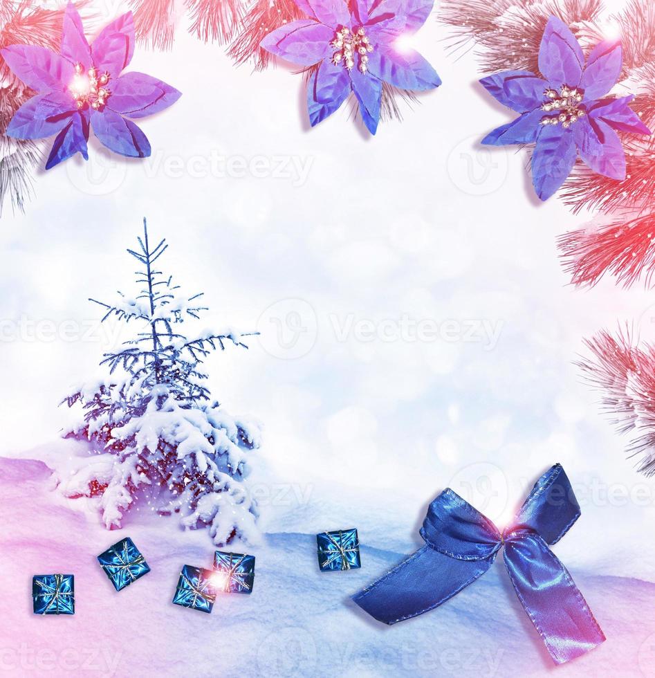 Snow covered trees. Festive Christmas composition. Card. photo