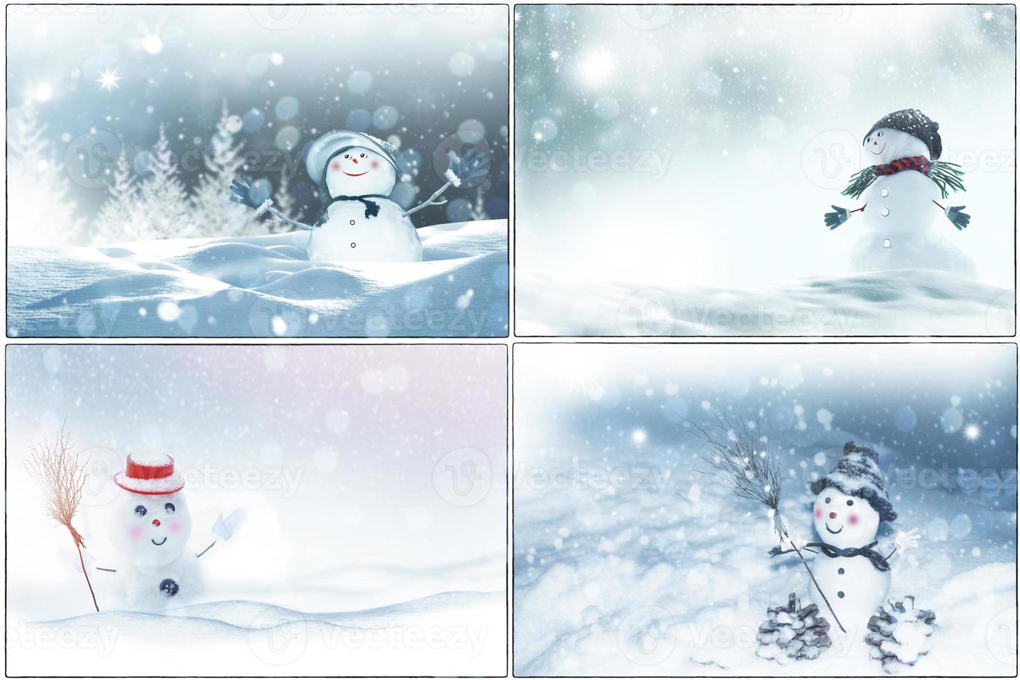set. happy snowman. Winter landscape. Merry christmas and happy new year greeting card photo