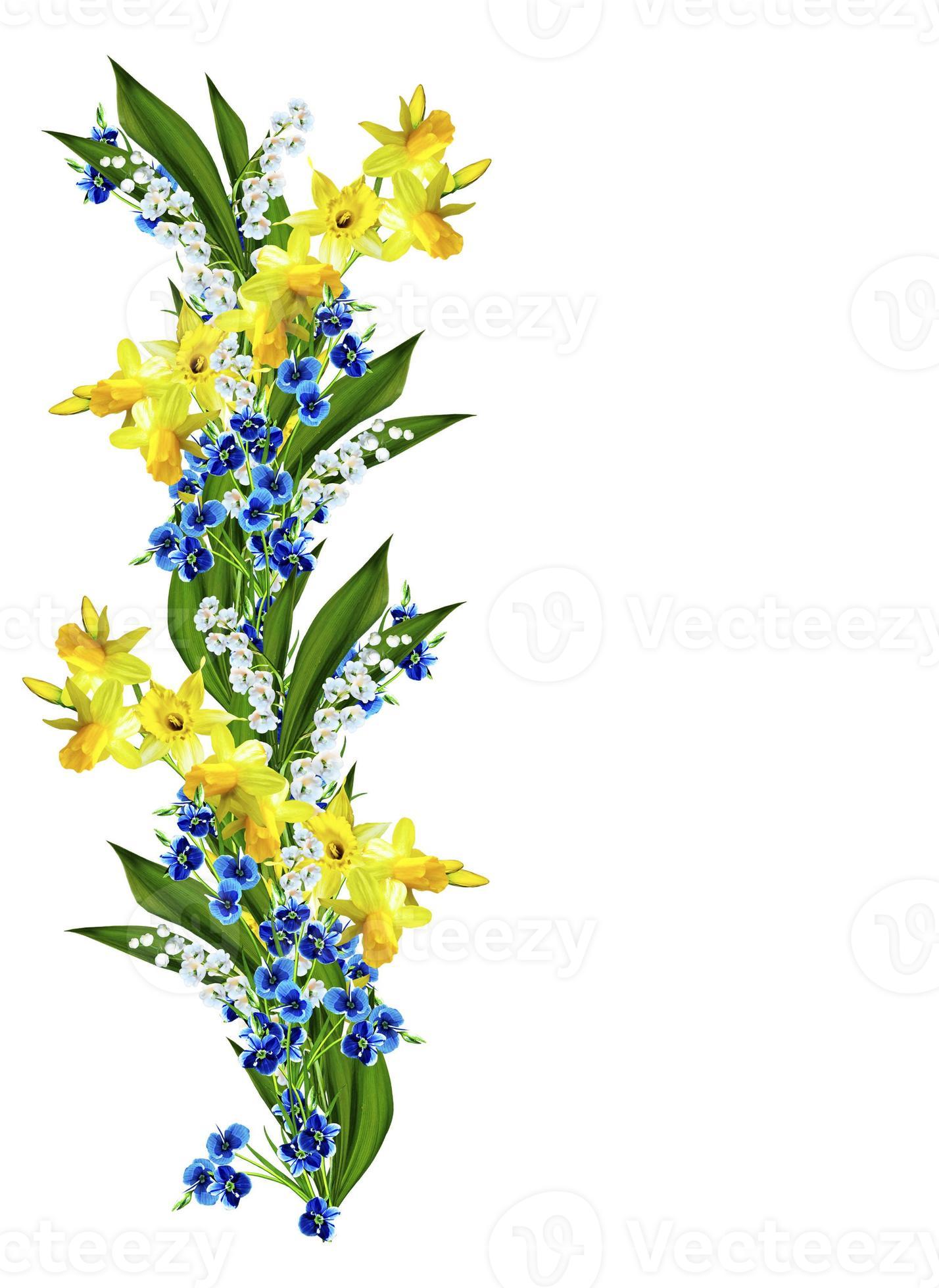 Spring flowers daffodils and lilies of the valley isolated on white