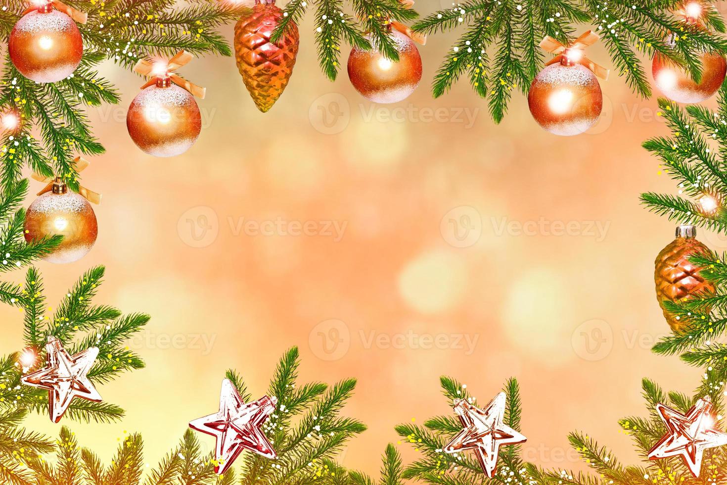Christmas tree decorated with bright toys. Card. photo