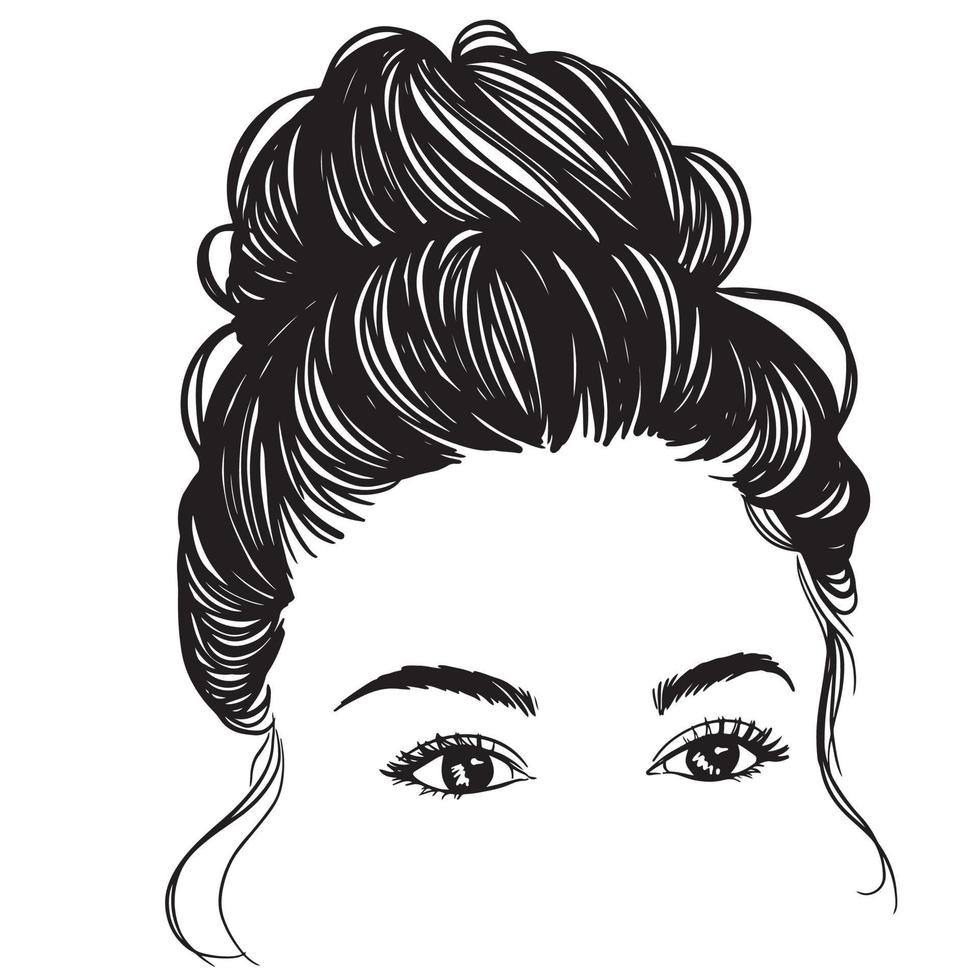 mujer de belleza en moño desordenado, ilustración de pelo de moño desordenado, arte lineal, silueta, para diseño de camisetas, taza, bolso de mano, etc. vector