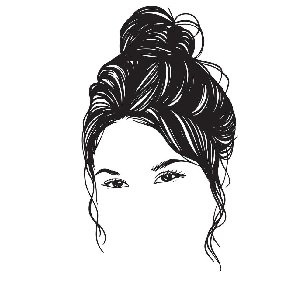 mujer de belleza en moño desordenado, ilustración de pelo de moño desordenado, arte lineal, silueta, para diseño de camisetas, taza, bolso de mano, etc. vector