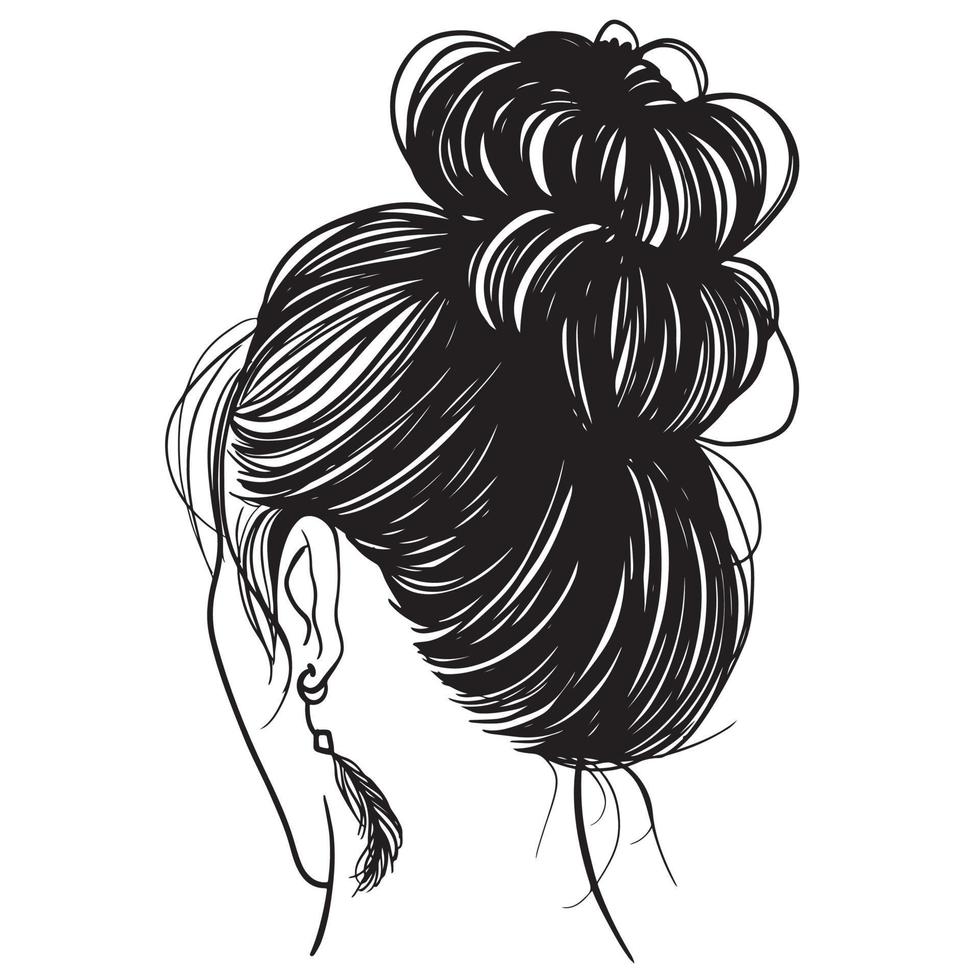 mujer de belleza en moño desordenado, ilustración de pelo de moño desordenado, arte lineal, silueta, para diseño de camisetas, taza, bolso de mano, etc. vector