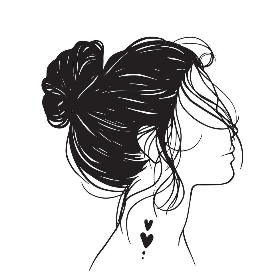 mujer de belleza en moño desordenado, ilustración de pelo de moño desordenado, arte lineal, silueta, para diseño de camisetas, taza, bolso de mano, etc. vector