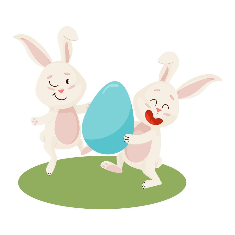 personaje de conejitos. sentado en la hierba y riendo divertidos, felices conejos de dibujos animados de Pascua con huevos, vector