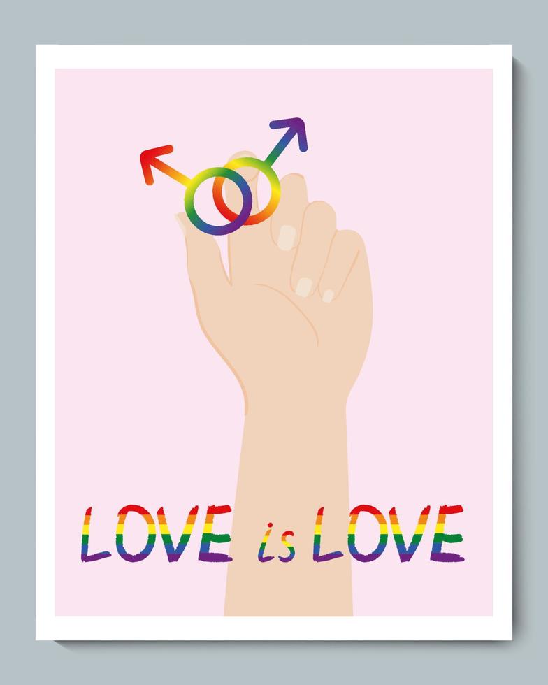 mano blanca con arco iris género lgbt símbolo masculino gay e inscripción doole amor es amor vector