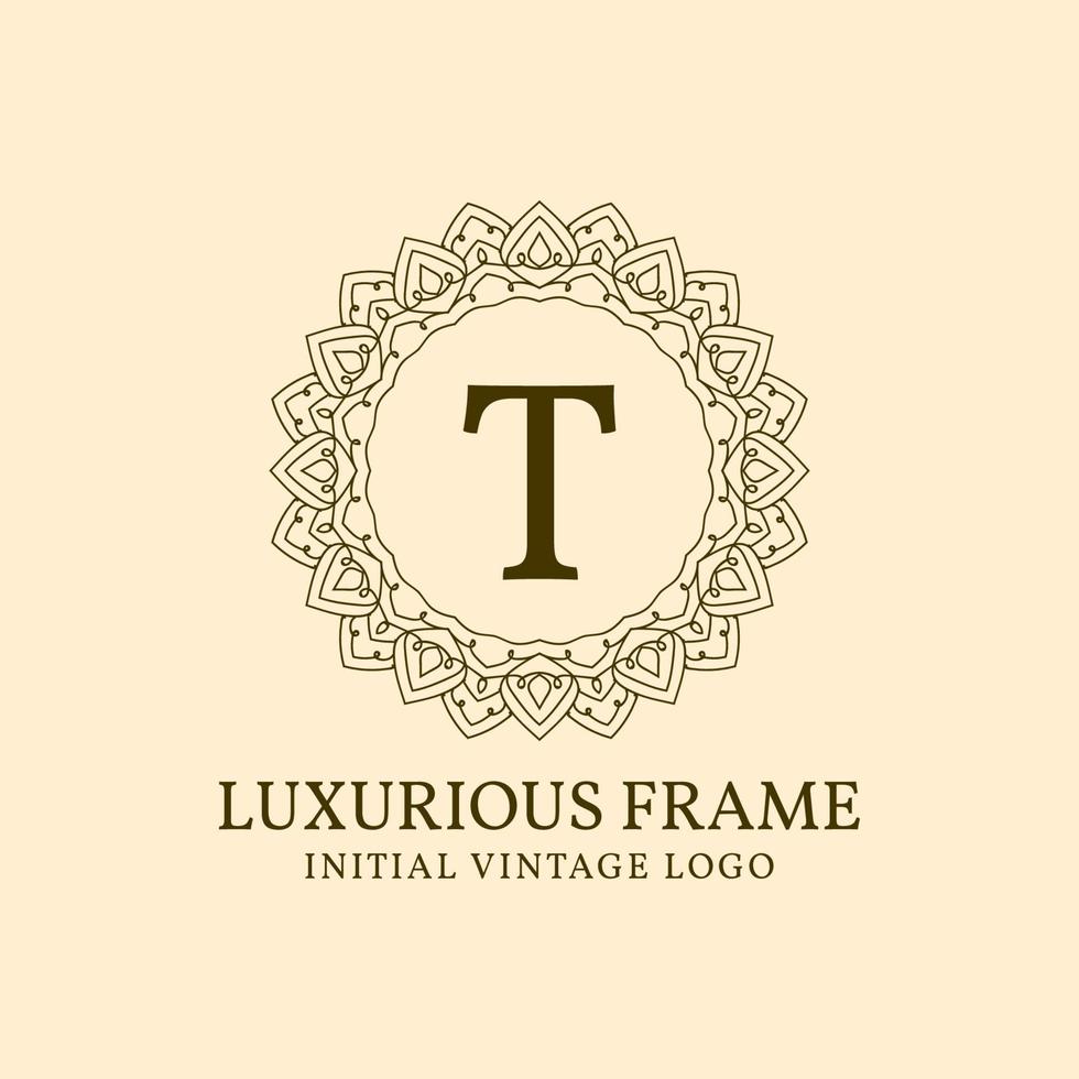 elemento de diseño de logotipo de vector vintage inicial de marco lujoso de letra t