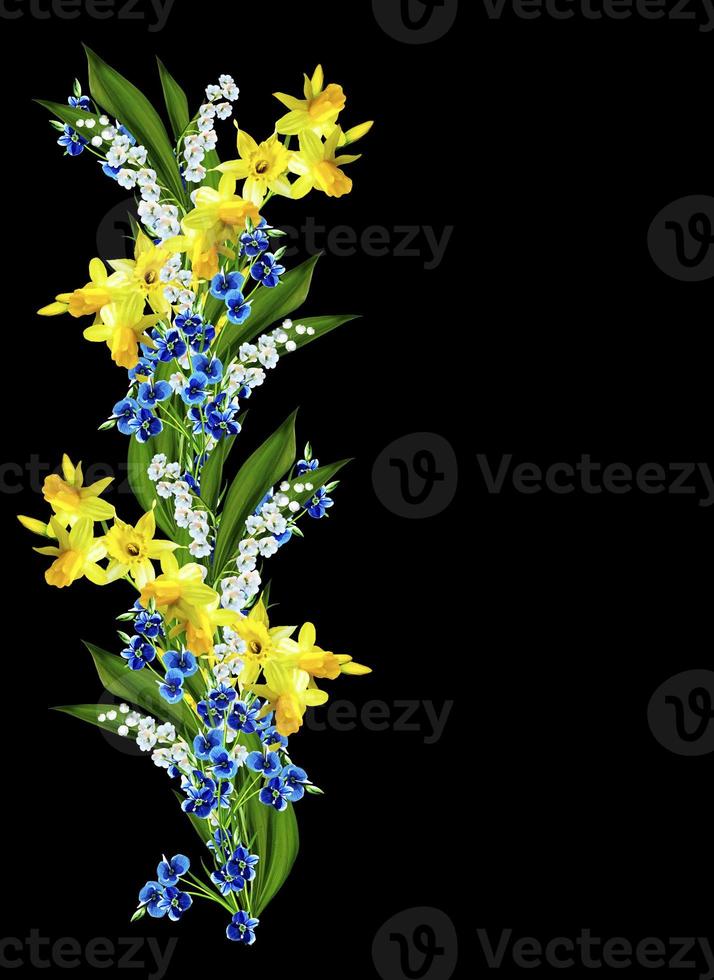 Spring flowers daffodils and lilies of the valley isolated on black background photo