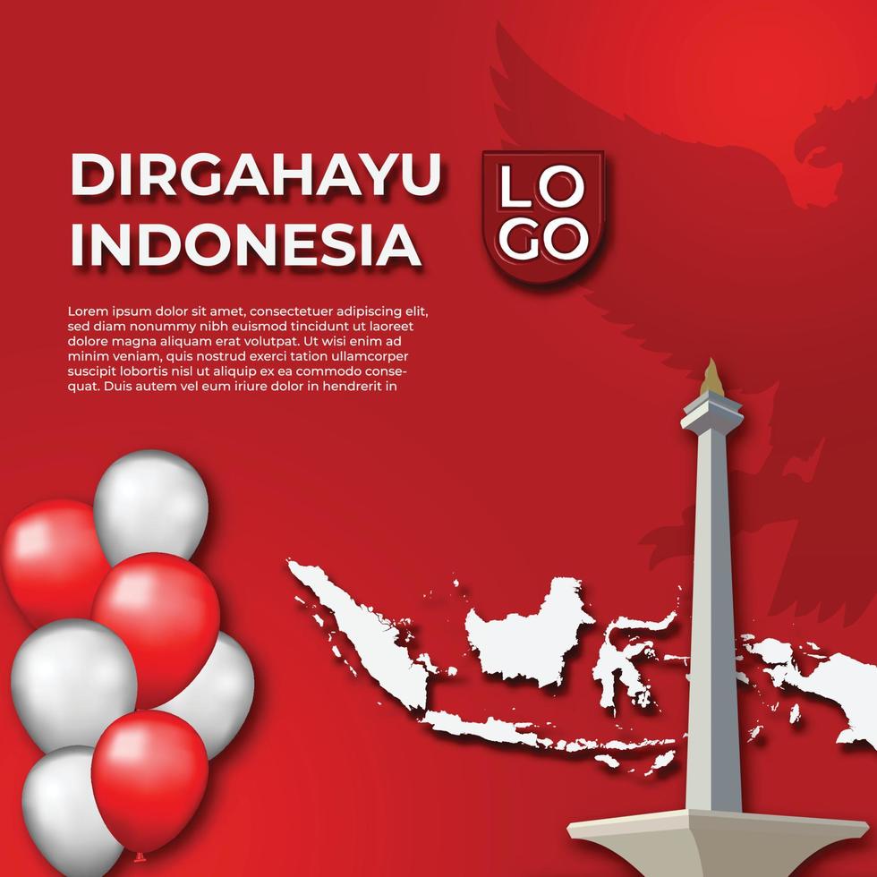 día de la independencia de indonesia con monas, mapa de indonesia e ilustración de globos. vector de plantilla de independencia de indonesia simple.