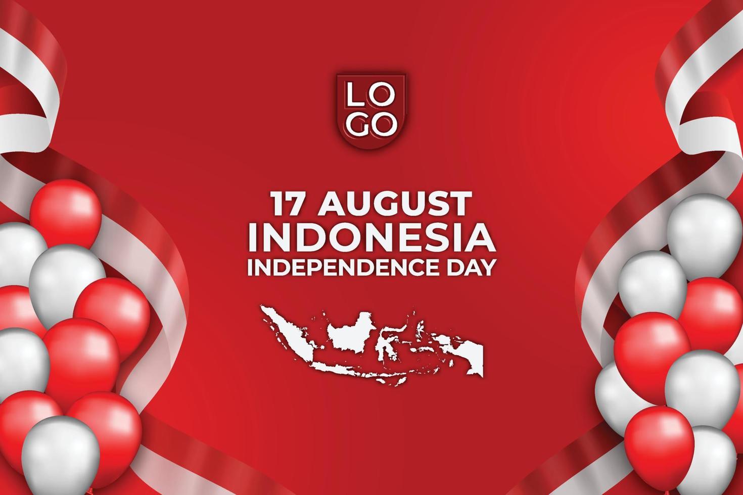 17 de agosto día de la independencia de indonesia fondo de plantilla roja 3d con globo, bandera y mapa indonesia realista vector