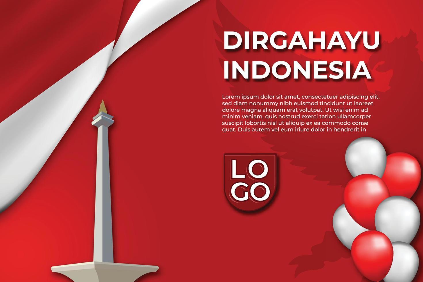 Dirgahayu Indonesia Independence Day Red Background Template with Realistic ornaments Indonesian Map, Flag, Garuda,Balloon and Monas Landmark vector