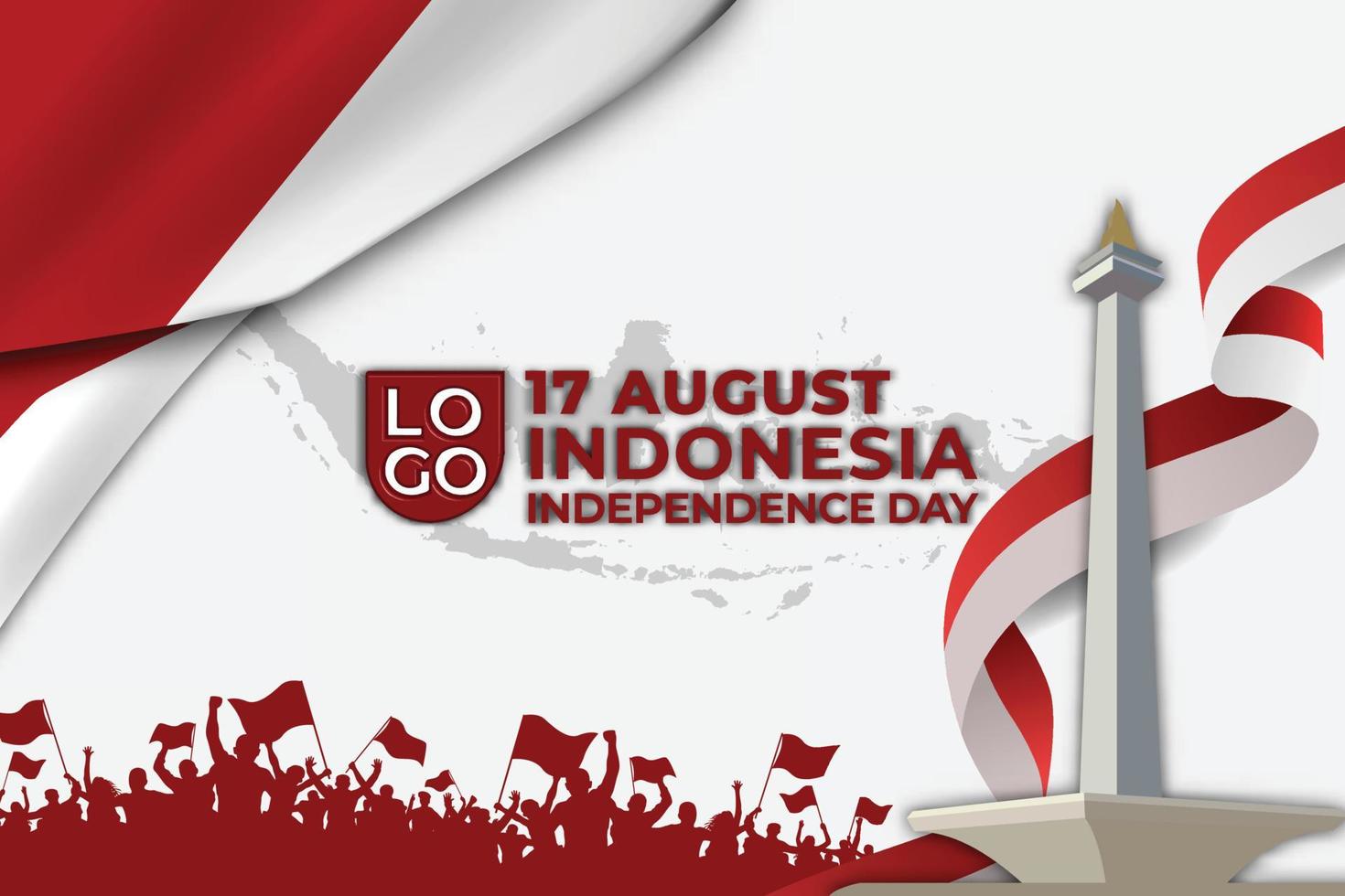 17 de agosto plantilla de fondo blanco del día de la independencia de indonesia con adornos mapa de indonesia, bandera de indonesia, gente de euforia y hito de monas realista vector