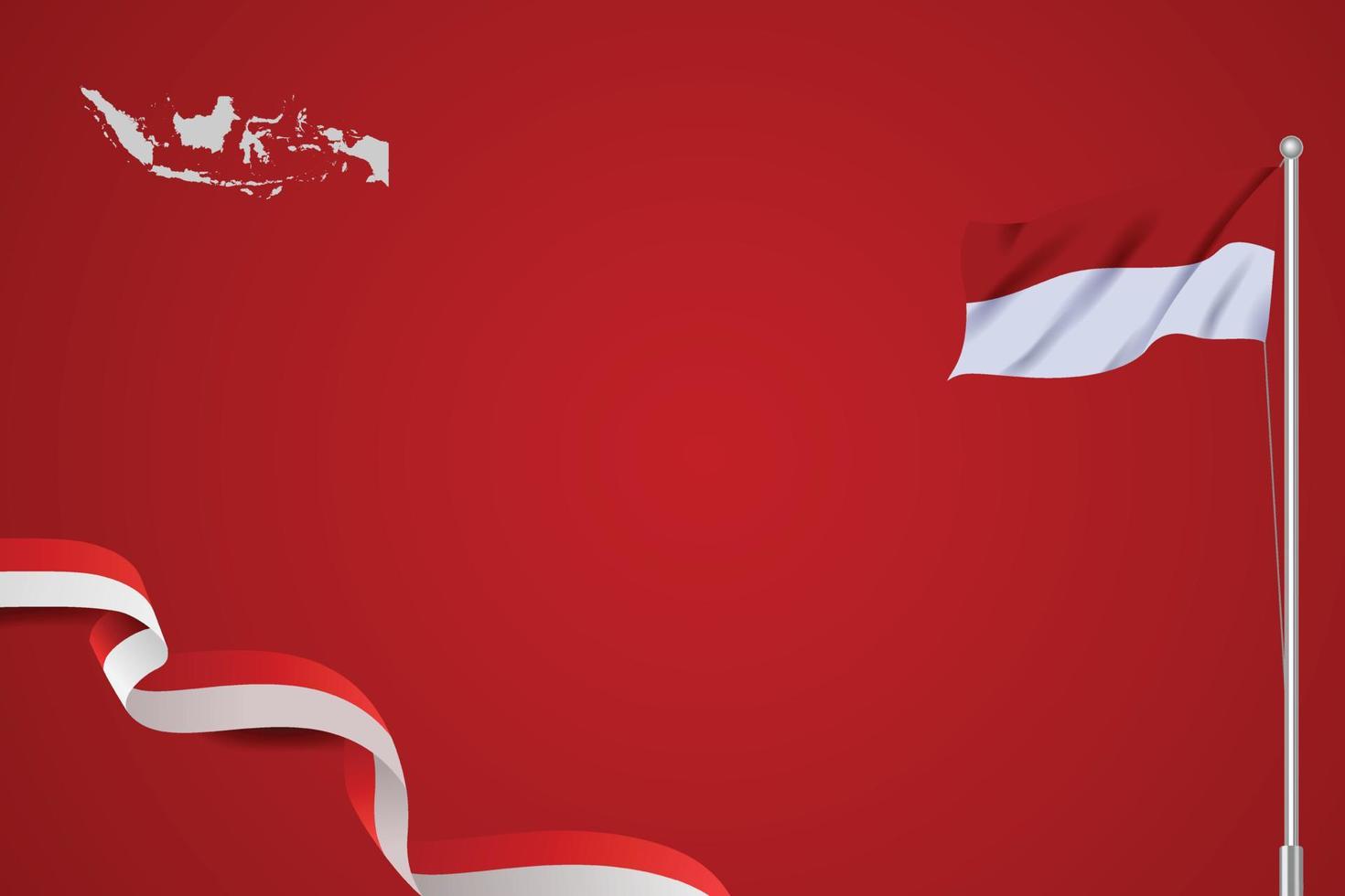 estilo de fondo rojo con bandera indonesia ondeando cinta realista, roja y blanca y mapa de indonesia. vector