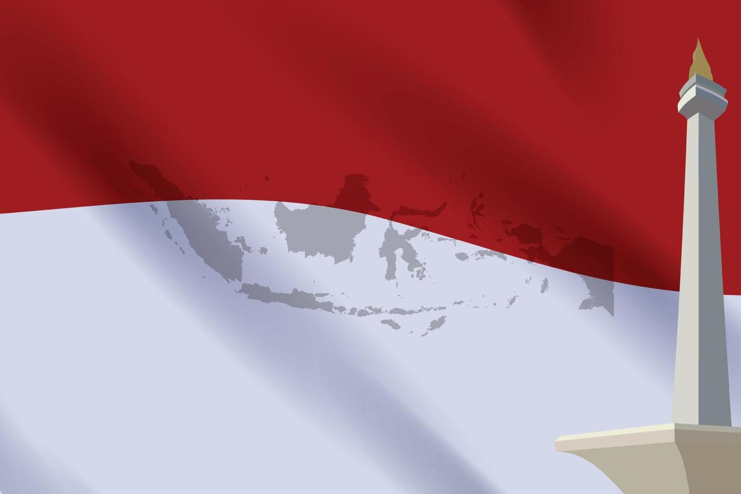 bandera roja y blanca de indonesia ondeando estilo de fondo con adorno realista monas hito 3d y mapa de indonesia vector