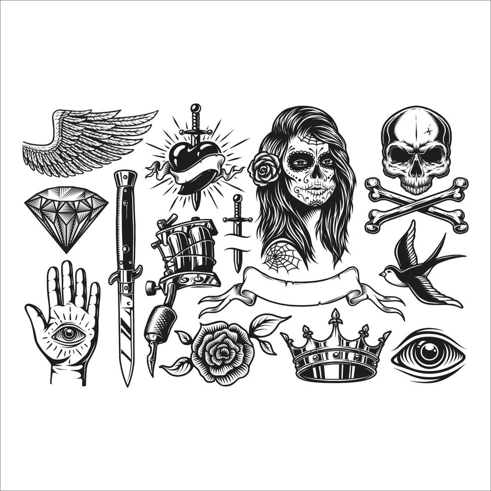 set of various vintage tattoo design collection vector