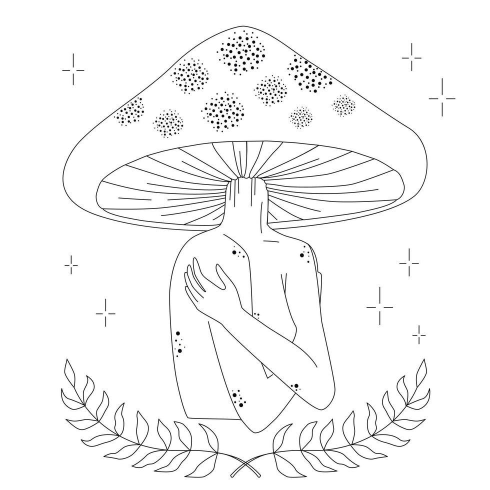 Magic girl with mushroom head. Psychedelic hallucination. 70s hippie tattoo art. vector