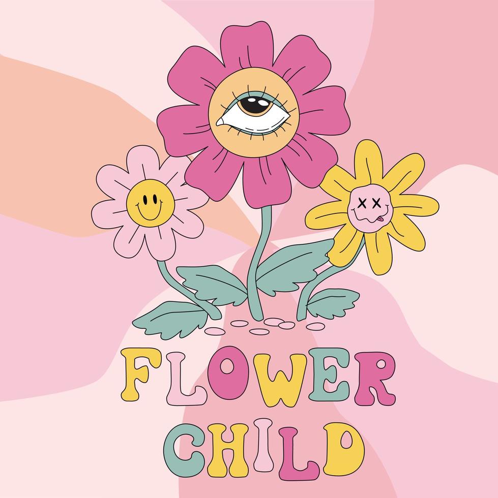 impresión de ilustración de flores hippie psicodélicas retro de los años 70 con eslogan maravilloso para camiseta o póster de pegatina vector