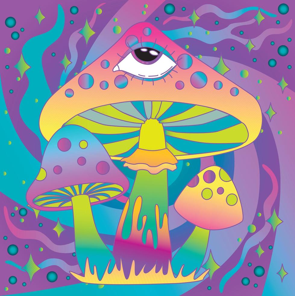 Retro 70's psychedelic hippie mushroom illustration print for t-shirt or sticker poster vector