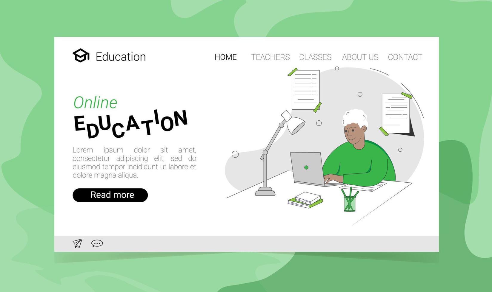 Online education landing page with a boy studying with computer. Vector illustration in flat style. The concept of online education illustration.