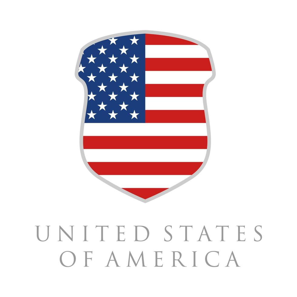 Vertical USA flag in shield shape vector illustration. United States America flag in shield shape.