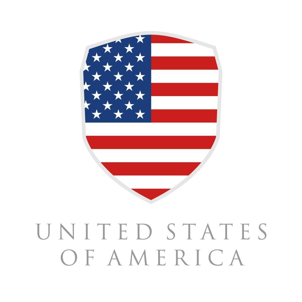 Vertical USA flag in shield shape vector illustration. United States America flag in shield shape.