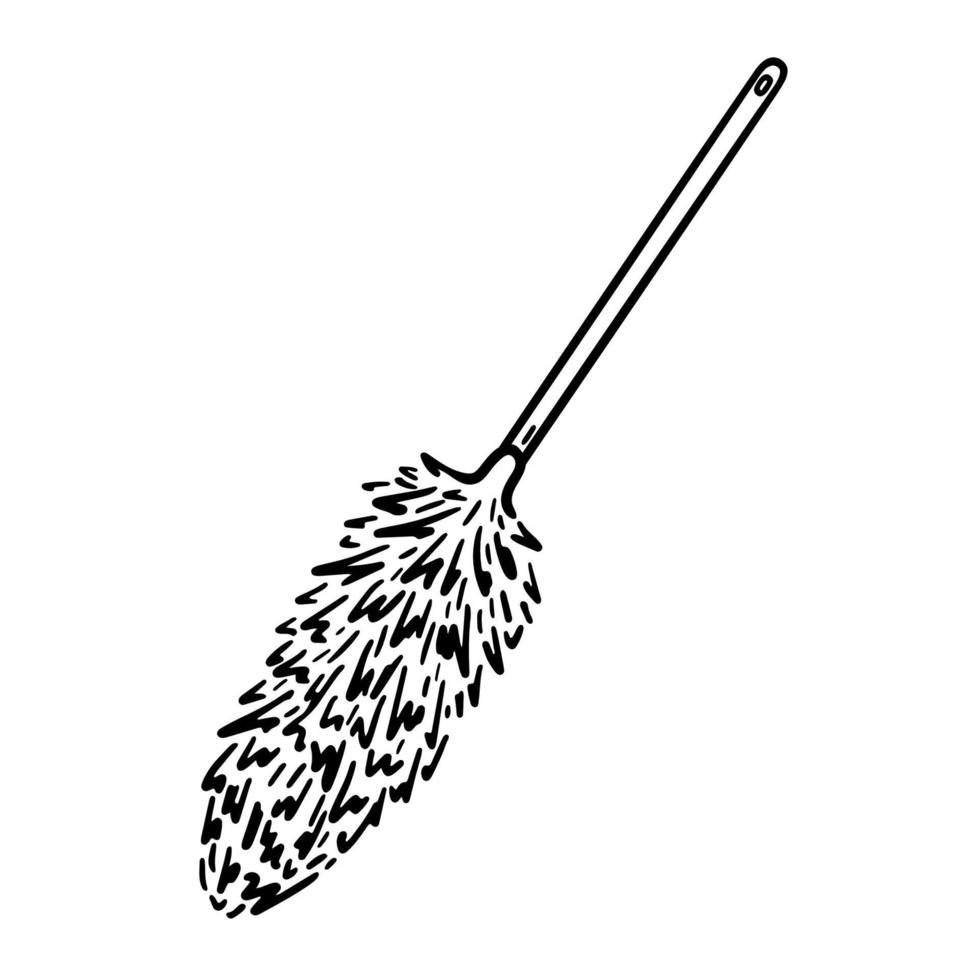 Duster with long handle for cleaning isolated on white background. Vector hand-drawn illustration in doodle style. Suitable for your projects, decorations, logo, various designs.