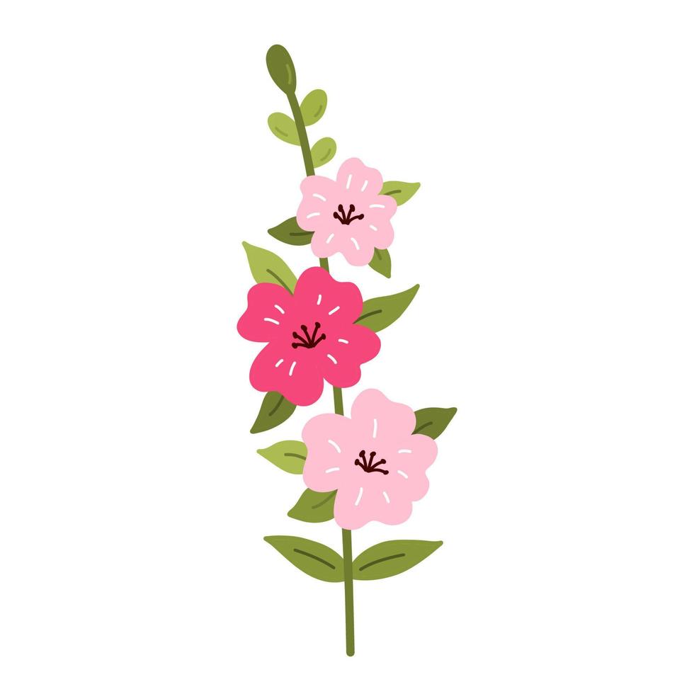 Cute pink snapdragon flower with leaves isolated on white background. Vector illustration in hand-drawn flat style. Perfect for cards, logo, decorations, spring and summer designs. Botanical clipart.