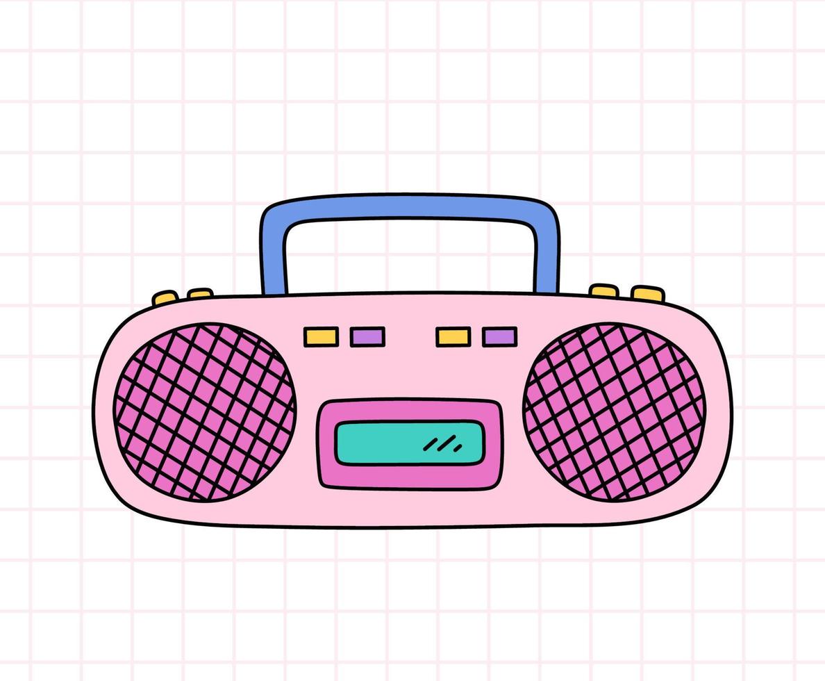 Retro cassette tape recorder in bright colors. Music boombox. Vector hand-drawn doodle illustration isolated on white background. Perfect for cards, decorations, logo, various designs. 90s style