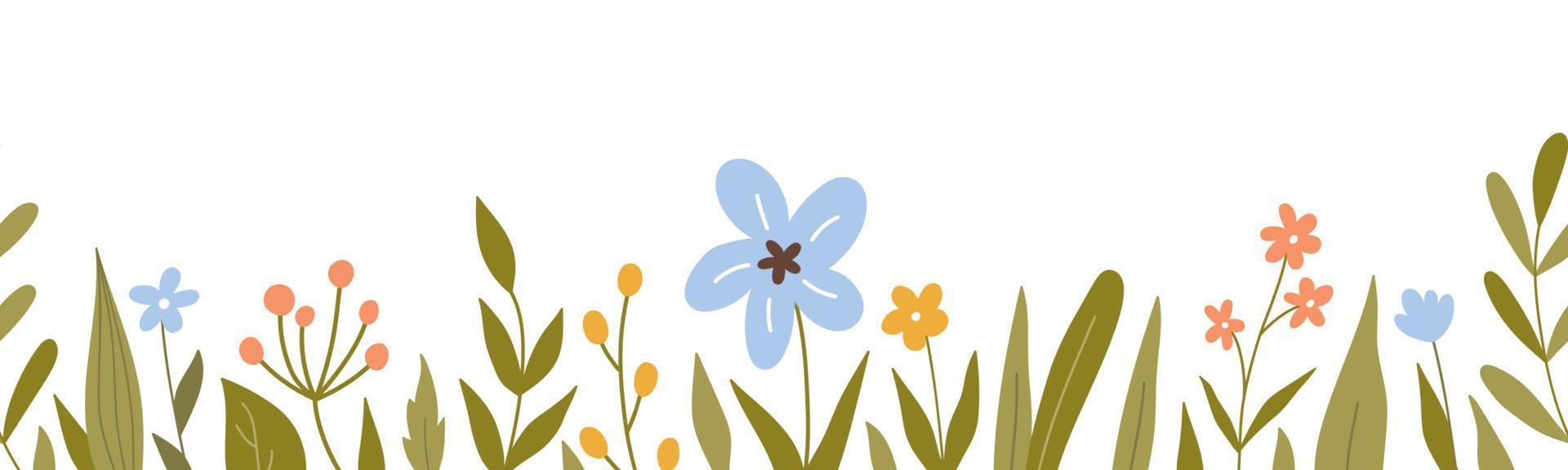 borde horizontal transparente con lindas flores y hojas. fondo botánico. perfecto para decoraciones, tarjetas de felicitación, diseños de pancartas. ilustración vectorial en estilo plano dibujado a mano. vector